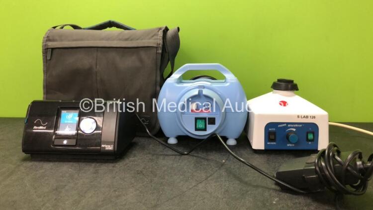 Mixed Lot Including 1 x Resmed Airsense 10 CPAP Unit In Carry Bag (Powers Up when Tested with Stock Power Supply-Power Supply Not Included) 1 x Clement Clarke Turboneb 2 Nebuliser (Powers Up) 1 x Fusion Whirlimixer (Powers Up) *SN 23162609191, 9944, N/A*