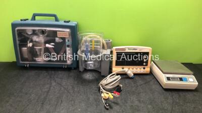 Mixed Lot Including 1 x Laerdal Suction Unit, 1 x DeVilbiss Suction Unit with Cup (Missing Lid-See Photo) 1 x Welch Allyn 52000 Series Patient Monitor, 1 x Salter Scales and 1 x 3 Lead ECG Lead