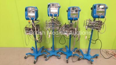 4 x GE Dinamap Pro 400V2 Vital Signs Monitors on Stands with a Selection of Leads (All Power Up) *S/N AAX06380128SA / AAX08100179SA / AAX08100002SA / AAX04530174SA*