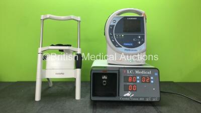 Mixed Lot Including 1 x Heidelberg Engineering Chin Rest, 1 x Integra Camino 6 Intracranial Pressure Monitor (Powers Up with Blank Screen) 1 x IC Medical Crystal Vision 460 Smoke Evacuation Unit (Powers Up with Missing Filter)