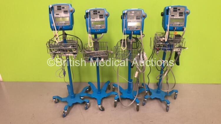 4 x GE Dinamap Pro 400V2 Vital Signs Monitors on Stands with a Selection of Leads (All Power Up) *S/N AAX06380067SA / AAX06380060SA / AAX08230152SA / AAX08100024SA*