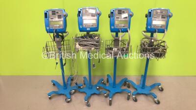 4 x GE Dinamap Pro 400V2 Vital Signs Monitors on Stands with a Selection of Leads (All Power Up) *S/N AAX08100191SA / AAX08100150SA / AAX0810051SA / AAX05500142SA*