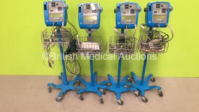 4 x GE Dinamap Pro 400V2 Vital Signs Monitors on Stands with a Selection of Leads (All Power Up) *S/N AAX0810063SA / AAX06370118SA / AAX04530203SA / AAX08100046SA*