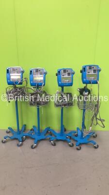 4 x GE Dinamap Pro 400V2 Vital Signs Monitors on Stands with a Selection of Leads (All Power Up) *S/N AAX08060053SA / AAX08100180SA / AAX05400022SA / AAX04530183SA*