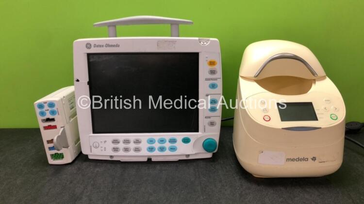 Mixed Lot Including 1 x Datex Ohmeda Type F-FM-00 Patient Monitor (No Power with Damage-See Photos) 1 x GE Type E-PSMP-OO Module Including ECG, SpO2, T1, T2, P1, P2 and NIBP Options and 1 x Medela Calesca Warming / Thawing Device (Untested Due to Missing