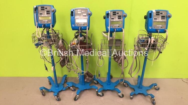 4 x GE Dinamap Pro 400V2 Vital Signs Monitors on Stands with a Selection of Leads (All Power Up) *S/N AAX08100053SA / 0332M0279136 / AAX0810022SA / AAX04520011SA*