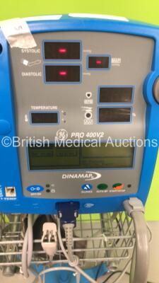 4 x GE Dinamap Pro 400V2 Vital Signs Monitors on Stands with a Selection of Leads (All Power Up) *S/N AAX08100053SA / 0332M0279136 / AAX0810022SA / AAX04520011SA* - 2