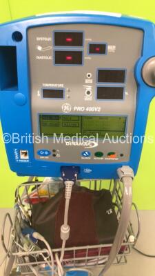 4 x GE Dinamap Pro 400V2 Vital Signs Monitors on Stands with a Selection of Leads (All Power Up) *S/N AAX08100053SA / 0332M0279136 / AAX0810022SA / AAX04520011SA* - 4