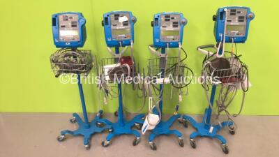4 x GE Dinamap Pro 400V2 Vital Signs Monitors on Stands with a Selection of Leads (All Power Up) *S/N AAX08230031SA / AAX08100157SA / AAX08100095SA / AAX05480172SA*