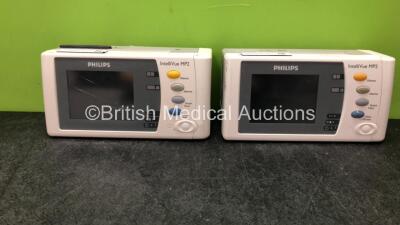 2 x Philips IntelliVue MP2 Handheld Patient Monitor Including ECG, SpO2, Press, Temp and NBP Options with 2 x Batteries (Both No Power, 1 with Cracked Screen and Stuck Battery in Casing-See Photos)