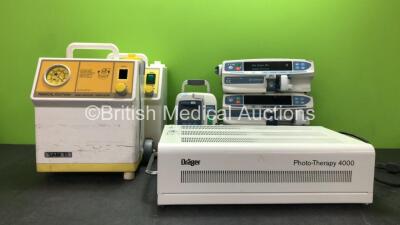 Mixed Lot Including 3 x Carefusion Alaris CC Pumps (1 Powers Up with Failure, 2 No Power) 1 x Carefusion Alaris VP Plus Pump (No Power) 2 x SAM 12 Suction Units (Both Untested Due to Cut Power Supplies-See Photos) 1 x Drager 4000 Phototherapy Unit (Powers