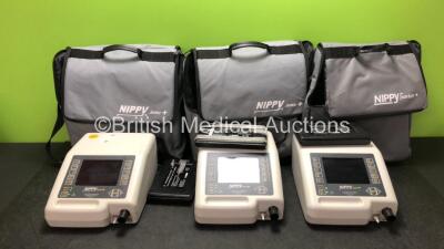 3 x B & D Electromedical Nippy 3 Junior Plus Ventilators with 3 x External Battery Packs in Carry Bags (All Power Up)