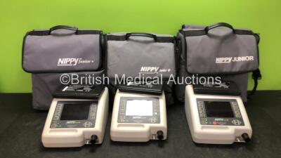 3 x B & D Electromedical Nippy 3 Junior Plus Ventilators with 3 x External Battery Packs in Carry Bags (All Power Up)