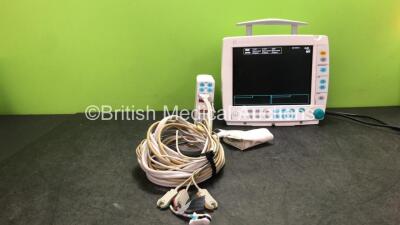 Datex Ohmeda Type F-FM-00 Patient Monitor with 1 x GE Type E-PSMP-00 Module Including ECG, SpO2, T1, T2, P1, P2 and NIBP Options with 1 x 3 Lead ECG Lead, 1 x SpO2 Finger Sensor and 1 x NIBP Lead with 1 x Child BP Cuff (Powers Up with Missing Light Cover-