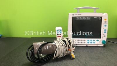 Datex Ohmeda Type F-FM-00 Patient Monitor with 1 x GE Type E-PSMP-00 Module Including ECG, SpO2, T1, T2, P1, P2 and NIBP Options with 1 x 3 Lead ECG Lead, 1 x SpO2 Finger Sensor and 1 x NIBP Lead with 1 x Adult BP Cuff (Powers Up with Missing Light Cover 