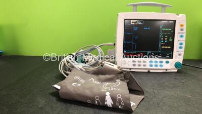 Datex Ohmeda Type F-FM-00 Patient Monitor with 1 x GE Type E-PSMP-00 Module Including ECG, SpO2, T1, T2, P1, P2 and NIBP Options with 1 x 3 Lead ECG Lead, 1 x SpO2 Finger Sensor and 1 x NIBP Lead with 1 x Adult BP Cuff (Powers Up with Missing Light Cover 