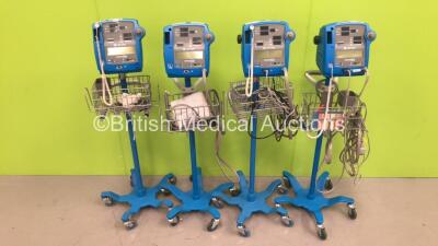 4 x GE Dinamap Pro 400V2 Vital Signs Monitors on Stands with a Selection of Leads (All Power Up) *S/N AAX06380065SA / AAX04480G40SA / AAX0824161SA / AAX08100168SA