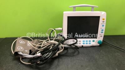 Datex Ohmeda Type F-FM-00 Patient Monitor with 1 x GE Type E-PSMP-00 Module Including ECG, SpO2, T1, T2, P1, P2 and NIBP Options with 1 x 3 Lead ECG Lead and 1 x NIBP Lead with 1 x Adult BP Cuff (Powers Up with Missing Light Cover and Damaged Casing-See P