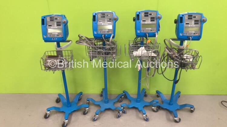 4 x GE Dinamap Pro 400V2 Vital Signs Monitors on Stands with a Selection of Leads (All Power Up) *S/N AAX08100167SA / AAX04460105SA / AAX05100139SA / AAX08100213SA*