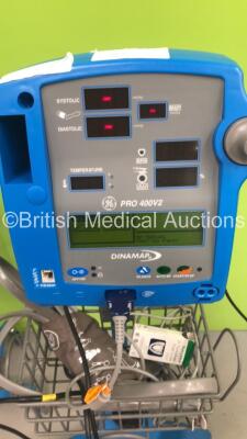 4 x GE Dinamap Pro 400V2 Vital Signs Monitors on Stands with a Selection of Leads (All Power Up) *S/N AAX08100167SA / AAX04460105SA / AAX05100139SA / AAX08100213SA* - 2