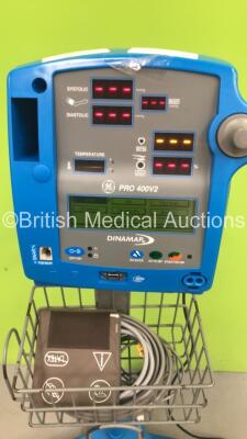 4 x GE Dinamap Pro 400V2 Vital Signs Monitors on Stands with a Selection of Leads (All Power Up) *S/N AAX08100167SA / AAX04460105SA / AAX05100139SA / AAX08100213SA* - 5