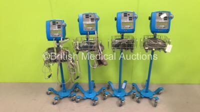 4 x GE Dinamap Pro 300V2 Vital Signs Monitors on Stands with a Selection of Leads (All Power Up) *S/N AAX04160014SA / 032M0489108 / AAX04160012SA / 032M0279001*