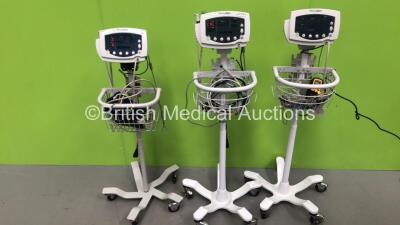 2 x Welch Allyn 53NT0 and 1 x Welch Allyn 53N00 Patient Monitors on Stands with Power Supplies, 3 x SpO2 Leads with Sensors, 2 x BP Hoses and 1 x GE Ohmeda TuffSat SpO2 Monitor (All Power Up) *JA089770 / JA114105 / JA0577814*