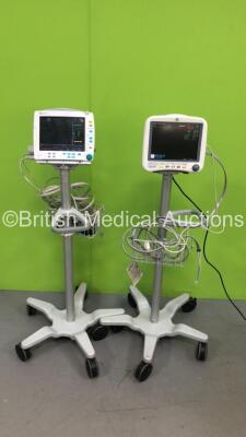 1 x GE Dash 4000 Monitor on Stand with SpO2 and BP Leads and 1 x GE B50 Monitor on Stand with E-PSMP-00 Module, ECG and SpO2 Leads (Both Power Up)