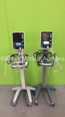 2 x Mindray Datascope Accutorr V Vital Signs Monitors on Stands with SPO2 Finger Sensors and BP Hoses