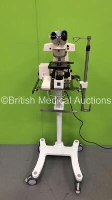 Carl Zeiss Axioskop Microscope on Stand with 1 x Optic, and 1 x E-PI10x/20 Eyepiece (Powers Up with Damage and Missing Pieces - See Photos)
