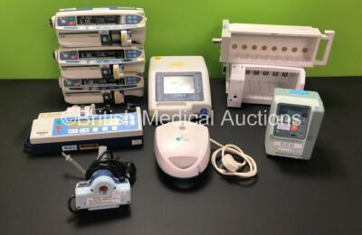 Mixed Lot Including 3 x Cardinal Health Alaris CC Syringe Pumps (All Power Up) 1 x Alaris IVAC P6000, 1 x B & D Nippy 3 Ventilator (Untested Due to Damaged Power Input) 1 x Covidien Heater for Mechanical Nebulization, 1 x Airmed 1000 Compressor, 1 x IVAC