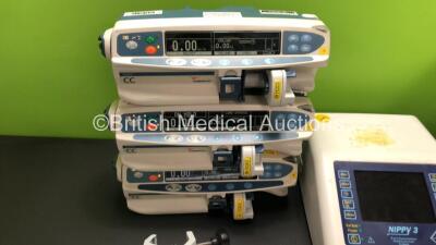 Mixed Lot Including 3 x Cardinal Health Alaris CC Syringe Pumps (All Power Up) 1 x Alaris IVAC P6000, 1 x B & D Nippy 3 Ventilator (Untested Due to Damaged Power Input) 1 x Covidien Heater for Mechanical Nebulization, 1 x Airmed 1000 Compressor, 1 x IVAC - 2