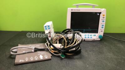 Datex Ohmeda Type F-FM-00 Patient Monitor with 1 x GE Type E-PSMP-00 Module Including ECG, SpO2, T1, T2, P1, P2 and NIBP Options with 1 x 3 Lead ECG Lead and 1 x NIBP Lead with 1 x Adult BP Cuff (Powers Up with Missing Light Cover and Damaged Casing-See P