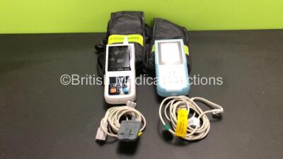 2 x PC-900B Handheld Capnograph and Oximeters with Finger Sensors in Cases (Both Power Up, 1 Damaged Screen - See Photo)