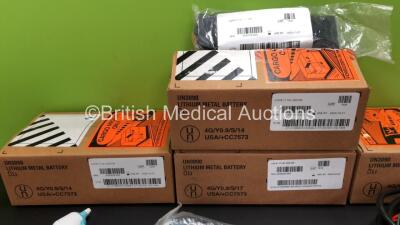 Mixed Lot Including 5 x Physio-Control Lifepak 1000 Batteries (All Unused, Use By Dates - 2 x 2024 and 3 x 2020), 1 x 3 Lead ECG Lead, 1 x BP Cuff, 1 x Braun ThermoScan Thermometer and 7 x SPO2 Finger Sensors - 2