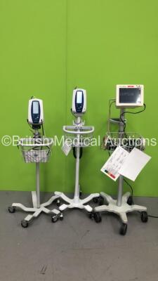 2 x Welch Allyn Spot Vital Signs Monitors on Stands with Power Supplies and SpO2 Leads and 1 x Welch Allyn Propaq CS Monitor on Stand with Power Supply, ECG Lead and SpO2 Lead (All Power Up)