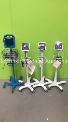 GE ProCare Dinamap Monitor on Stand with SpO2 and BP Hose / Cuff (Powers Up) with 3 x Welch Allyn BP Meters on Stands