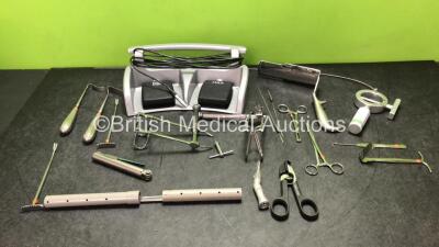 Mixed Lot Including 1 x Conmed Micropower 6020-022 Sagittal Saw Drill Attachment, 1 x Aesculap S.H.R 01/08 Dental Attachment, 1 x Ethicon FSW11 Footswitch and Various Surgical Instruments *SN LAA01617, LE12030A, 979509018*