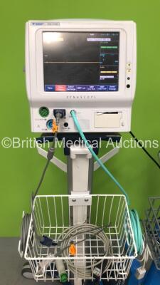 1 x Fukuda Denshi DS-7100 Monitor on Stand with ECG, SpO2 and BP Leads and 1 x GE Carescape V100 Dinamap Monitor on Stand with SpO2 and BP Leads (Both Power Up) - 3