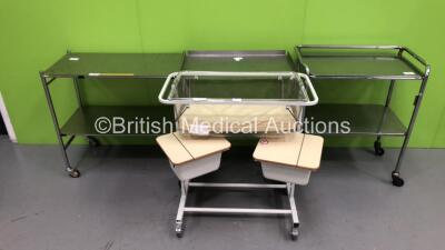 1 x Bedside Cot with Mattress and 3 x Stainless Steel Trolleys
