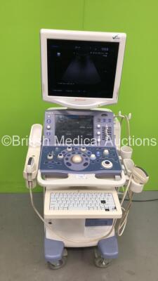 Aloka Prosound Alpha 7 Premier Flat Screen Ultrasound Scanner *S/N 202K3969* **Mfd 2012** with 2 x Transducers / Probes (UST-9115-5 and UST-9130) and Sony UP-D897 Digital Graphic Printer (Powers Up - Damage to Machine - See Pictures) ***IR518***