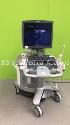 Siemens Acuson S2000 Flat Screen Ultrasound Scanner Model No 10041461 *S/N 203182* **Mfd 01/2011** Software Version 400.1.031 with 3 x Transducers / Probes (9EVF4 / 6C2 and EC9-4) and Mitsubishi P93D Printer (Powers Up - Damage to Machine Handle and Trims