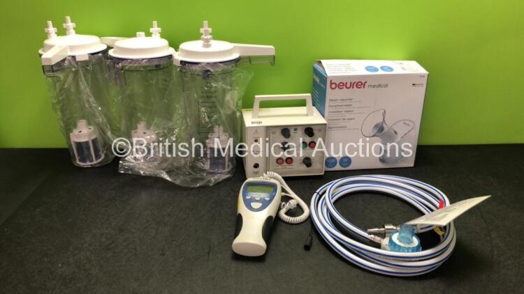 Mixed Lot Including 3 x Suction Cups with Lids, 1 x APC Medical 4170 Bedside External Pulse Generator, 1 x Beurer Medical Steam Vaporizer, 1 x N20 Hose and 1 x Welch Allyn Suretemp Plus Thermometer (Damaged Screen-See Photo)