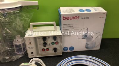 Mixed Lot Including 3 x Suction Cups with Lids, 1 x APC Medical 4170 Bedside External Pulse Generator, 1 x Beurer Medical Steam Vaporizer, 1 x N20 Hose and 1 x Welch Allyn Suretemp Plus Thermometer (Damaged Screen-See Photo) - 3