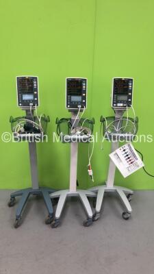 3 x Mindray Datascope Accutorr V VItal Signs Monitors on Stands with Selection of Cables (All Power Up)