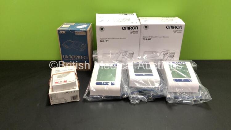 Mixed Lot Including 2 x Omron 708-BT Blood Pressure Monitors, 1 x 1 x AND UA-767PBT-Ci Blood Pressure Monitor, 3 x TeleGraph BT Monitors with 3 x BP Cuffs and 1 x Lloyds TENS Dual Channel Digital BP Relever with 4 x Replacement Pads