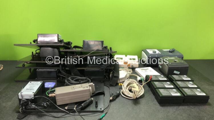 Mixed Lot Including 8 x Manger Stowage Airflo Boards with 6 x DC Power Supplies, 1 x Philips 989803167281 Battery *Untested* 6 x ResMed Astral Battery Packs *All Untested*2 x Zoll 3 Lead ECG Leads, 1 x Lifepak 9 806455-01 Quik Combo Pacing Unit, 2 x Phili