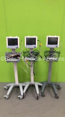 3 x Datascope Trio Patient Monitors on Stands with Selection of Cables (All Power Up)