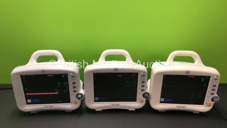 3 x GE Dash 3000 Patient Monitors 2 x with BP 1/3, BP 2/4, SPO2, Temp/CO, CO2, NBP and ECG Options and 1 x with BP 1, BP 2, SPO2, Temp/CO, CO2, NBP and ECG Options (All Power Up, 1 x Maintenance Required) *GL*)