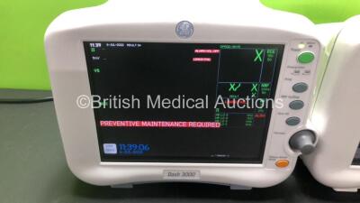 3 x GE Dash 3000 Patient Monitors 2 x with BP 1/3, BP 2/4, SPO2, Temp/CO, CO2, NBP and ECG Options and 1 x with BP 1, BP 2, SPO2, Temp/CO, CO2, NBP and ECG Options (All Power Up, 1 x Maintenance Required) *GL*) - 2